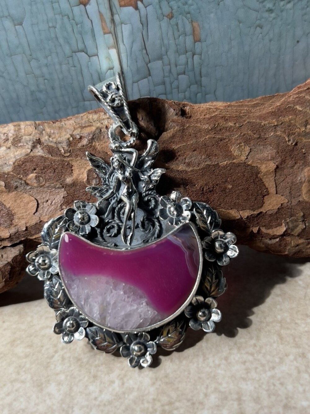 Pink Druzy Agate Garden Fairy Floral Artisan Pendant One-of-a-Kind